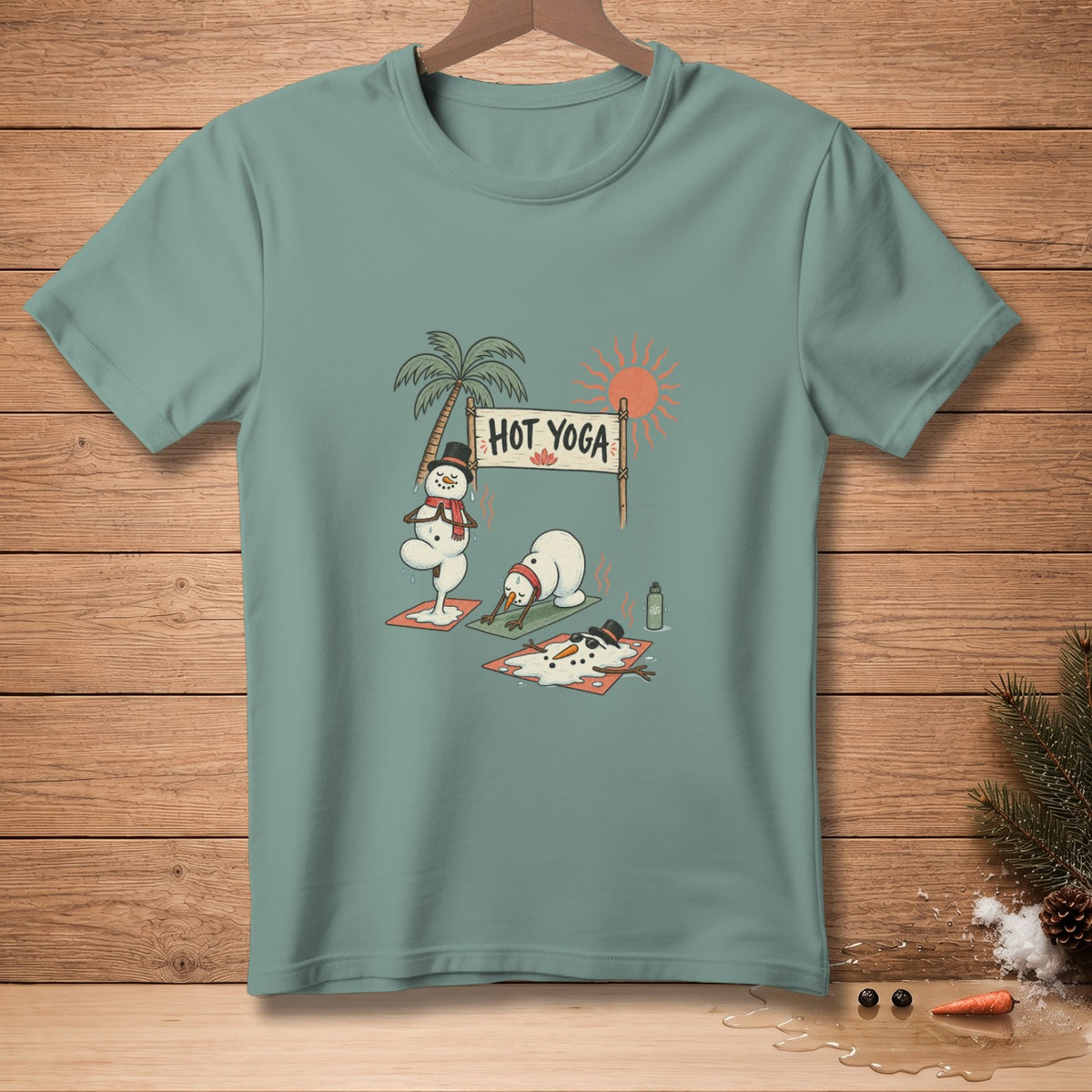 Snowmen doing yoga with a "Hot Yoga" sign and a melting snowman.