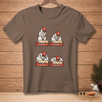 Brown t-shirt with four cartoon snowmen performing CPR on mannequins.