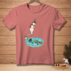 Snowman in bucket hat hangs from diving board above pool with carrot and snowball.
