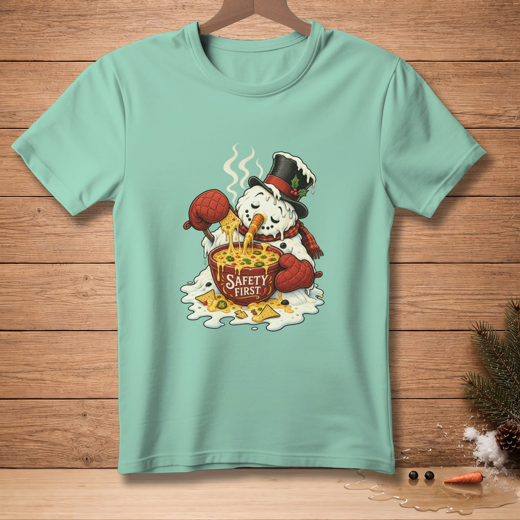Snowman eating nachos with "Safety First" bowl, wearing a top hat and scarf.