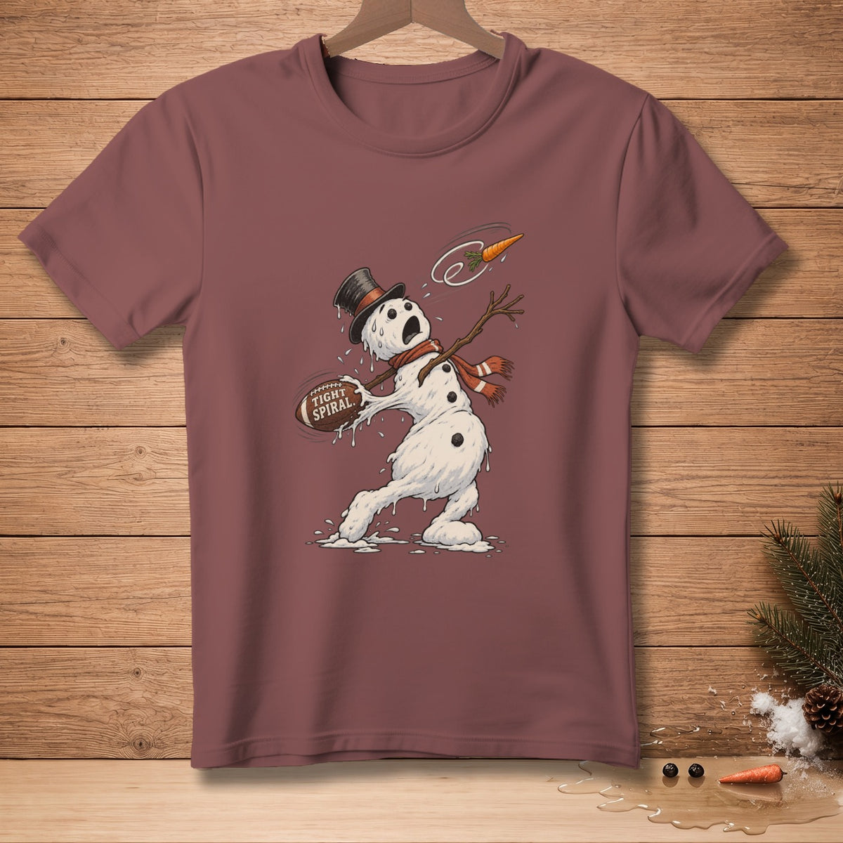 Melting snowman in a top hat throws a football labeled "Tight Spiral."