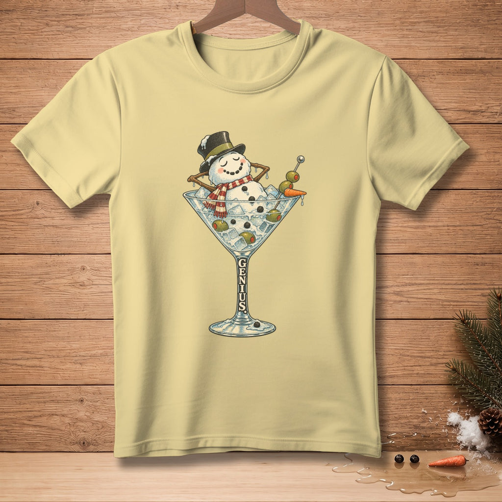 Yellow t-shirt with a snowman relaxing in a martini glass, text "GENIUS" on the glass.