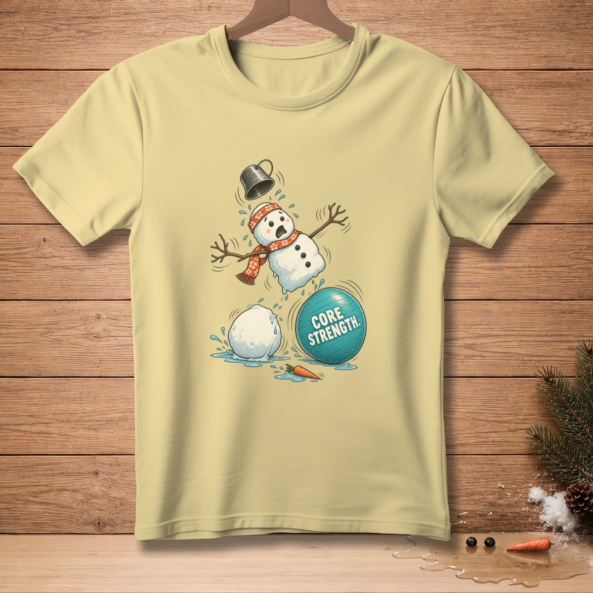 Snowman losing balance next to a turquoise ball with "CORE STRENGTH" text.