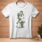 Two snowmen, one melting, interact with a golf tee box.