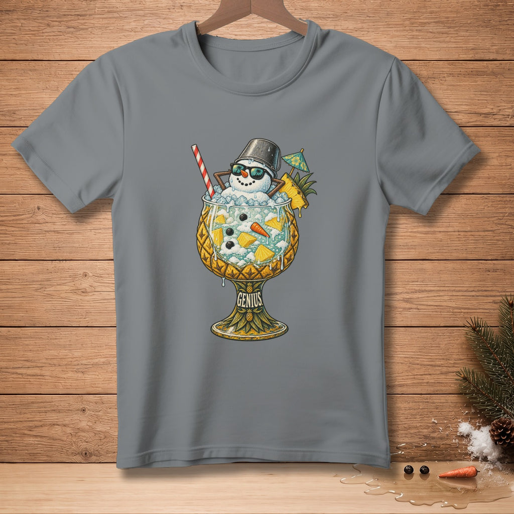 T-shirt graphic of a snowman in a pineapple cocktail with the word "Genius".