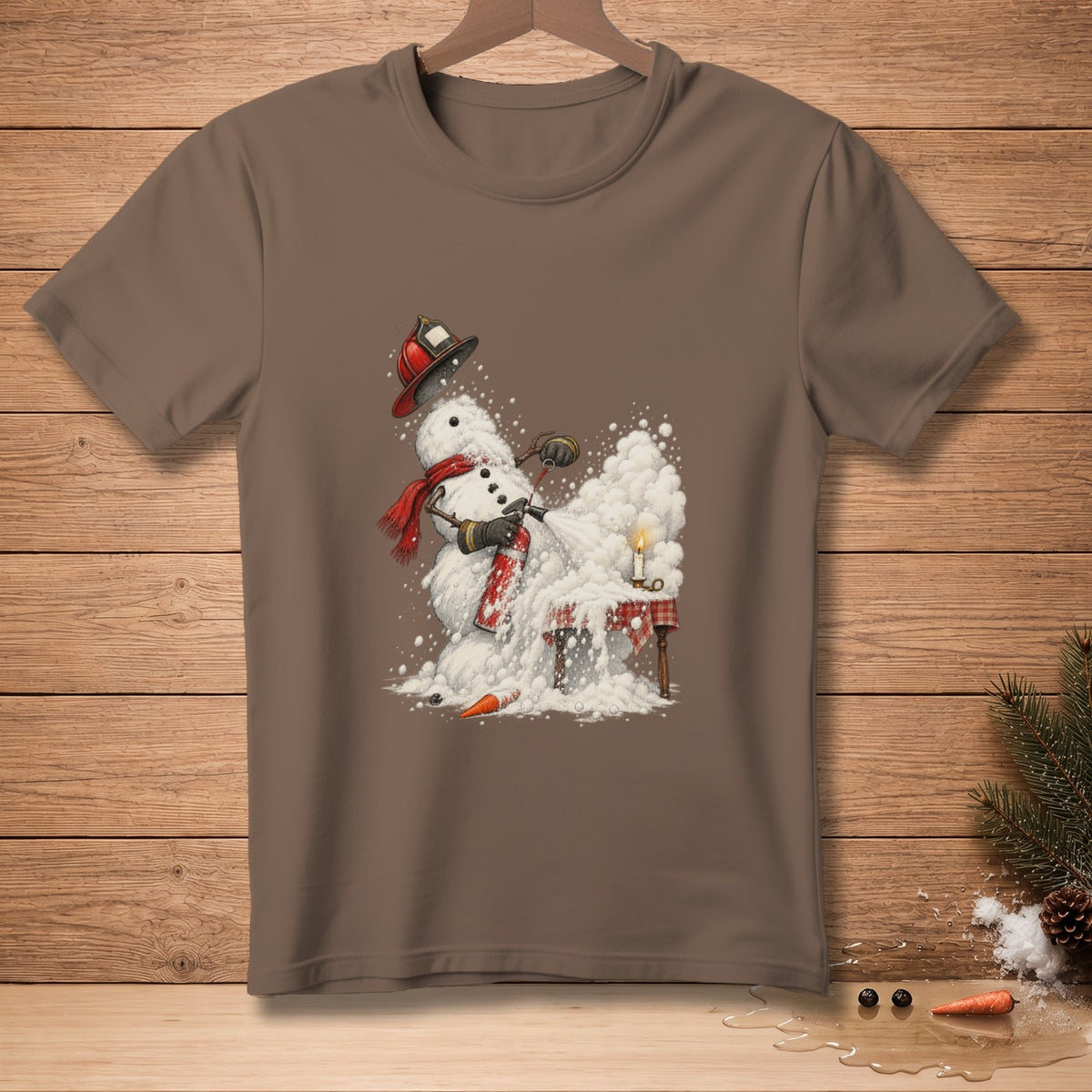 Snowman wearing a red scarf and firefighter helmet spraying snow from a fire extinguisher.