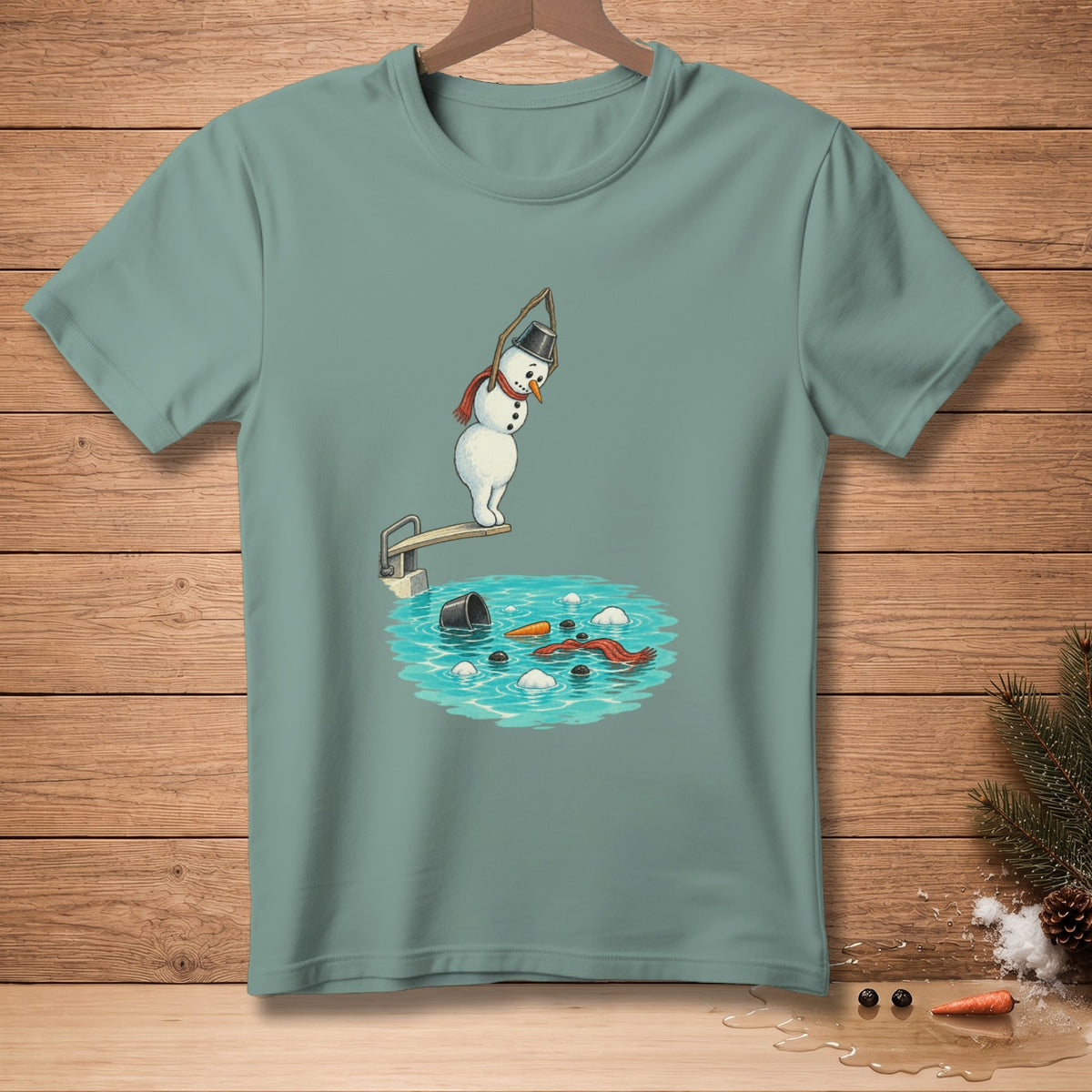 Snowman on diving board over water with scattered parts of other snowmen.