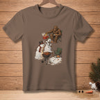 Bigfoot grilling hot dogs with melting snowmen on a brown t-shirt.