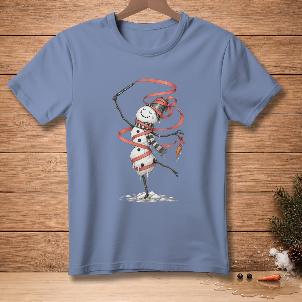 Melting snowman performing with a ribbon, holding a carrot.