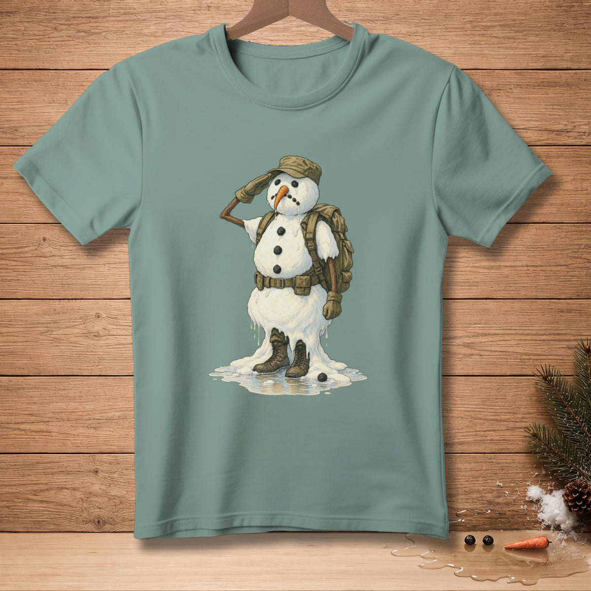 T-shirt graphic of a melting snowman saluting, wearing military gear and a backpack.