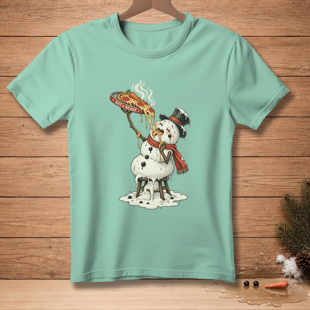 Snowman melting while eating a slice of pizza with "Hot & Ready" text.