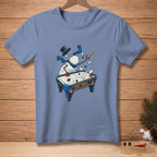 Snowman playing air hockey with text "FAST TABLE" on blue t-shirt.