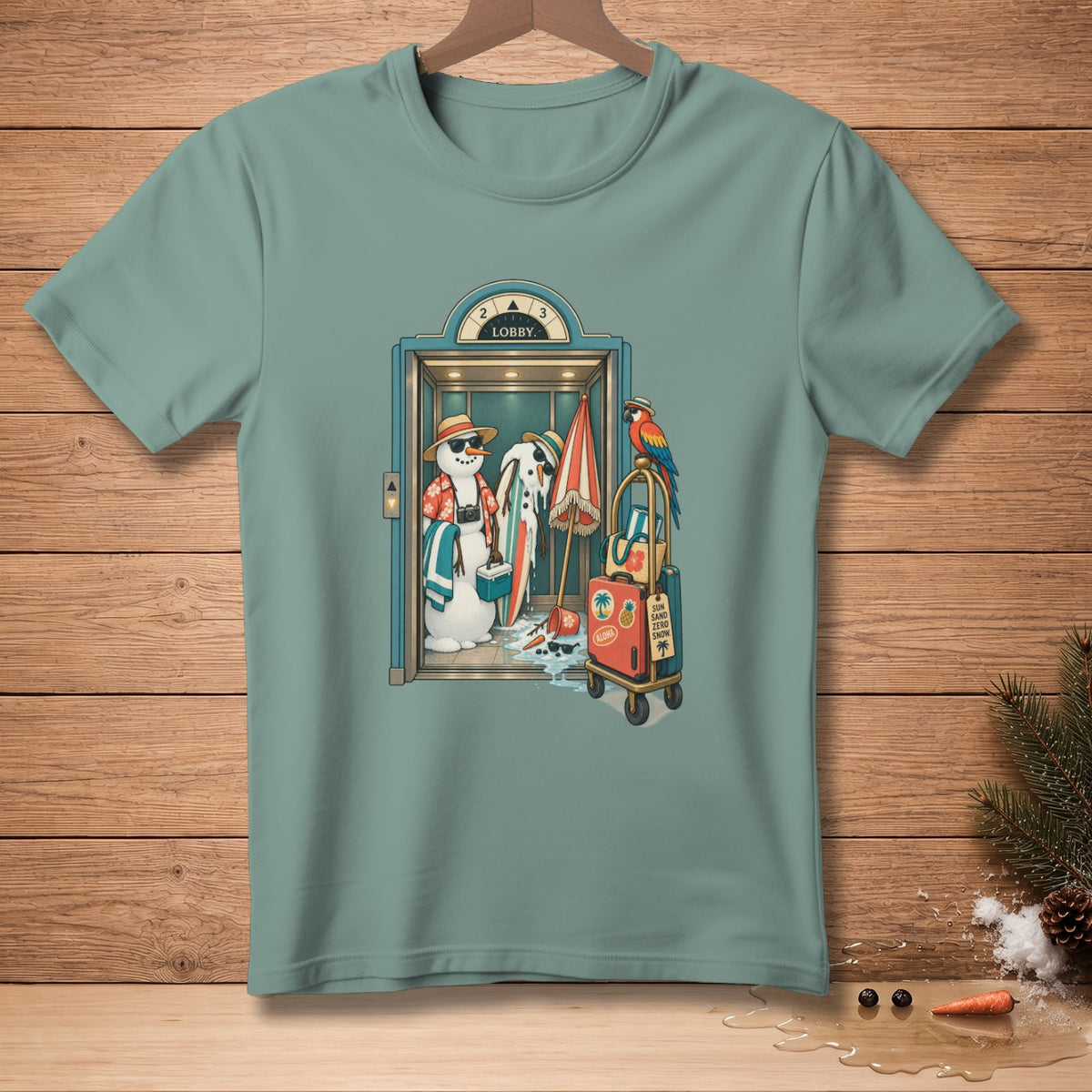 Snowmen in an elevator, carrying surfboards, with a parrot on luggage.