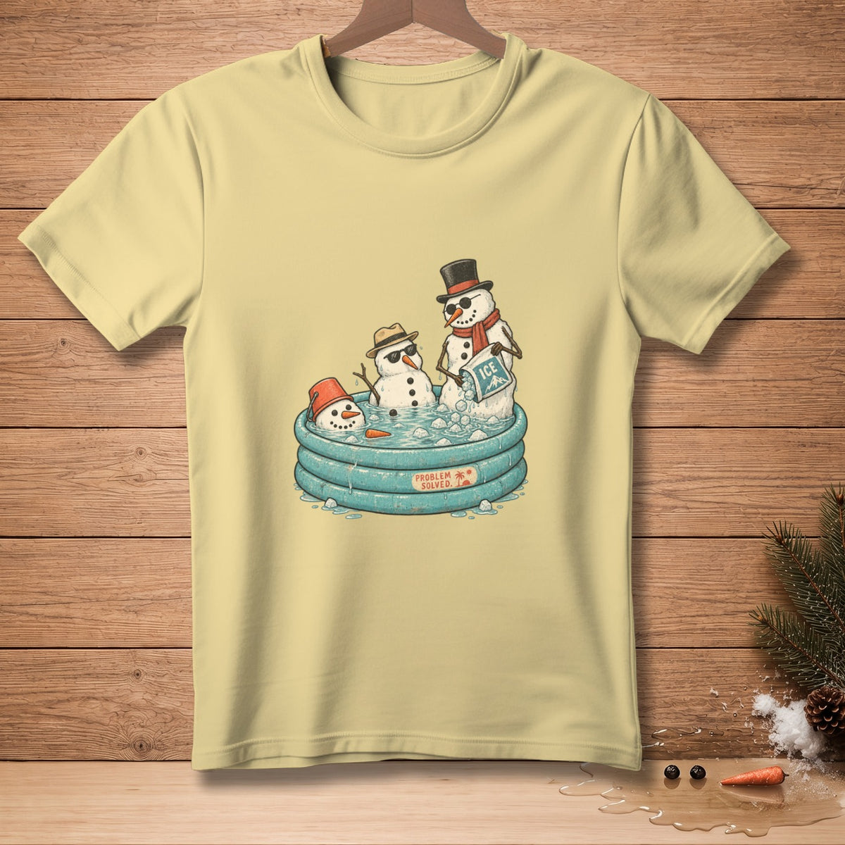 T-shirt with graphic of three snowmen in an inflatable pool with ice, "PROBLEM SOLVED."