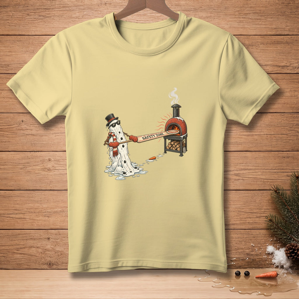 Melting snowman in hat and scarf holds "Safety Zone" sign near a pizza oven.