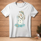 Melting snowman wearing a hat, holding instructions and a tropical postcard.