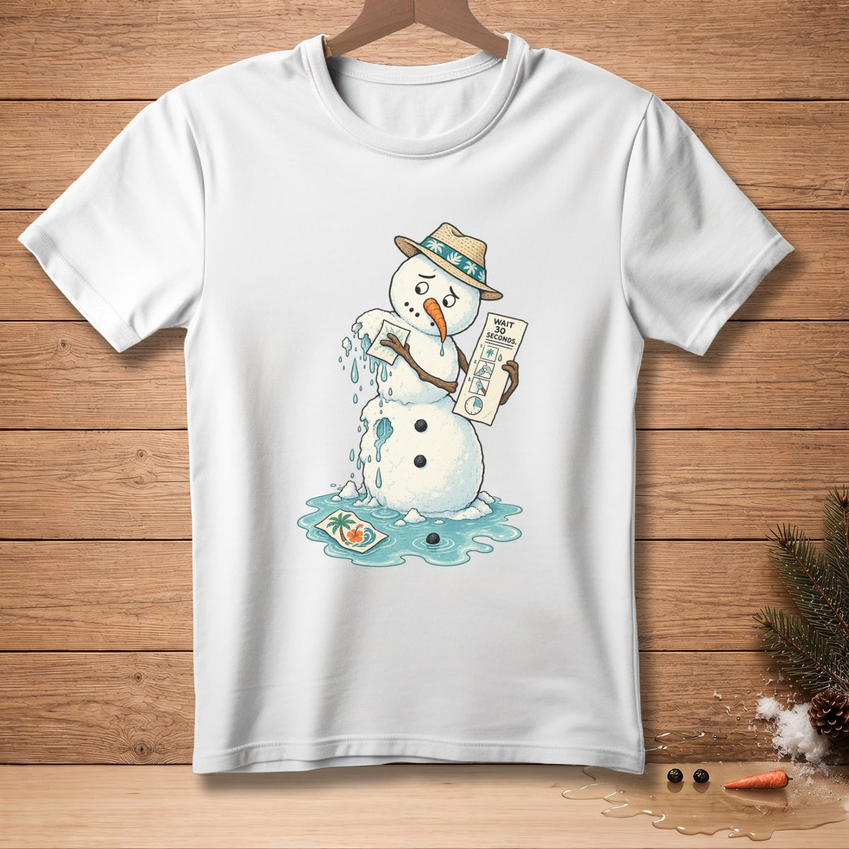 Melting snowman wearing a hat, holding instructions and a tropical postcard.