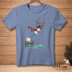 Snowman on swing with "SEND IT." text, jumping into the water.