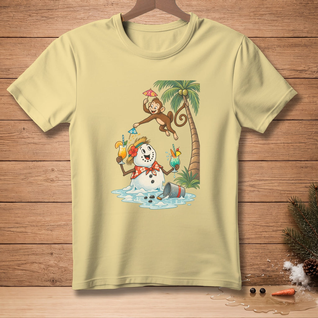 Light yellow t-shirt with cartoon snowman holding cocktails and monkey under palm tree.