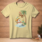 Light yellow t-shirt with cartoon snowman holding cocktails and monkey under palm tree.