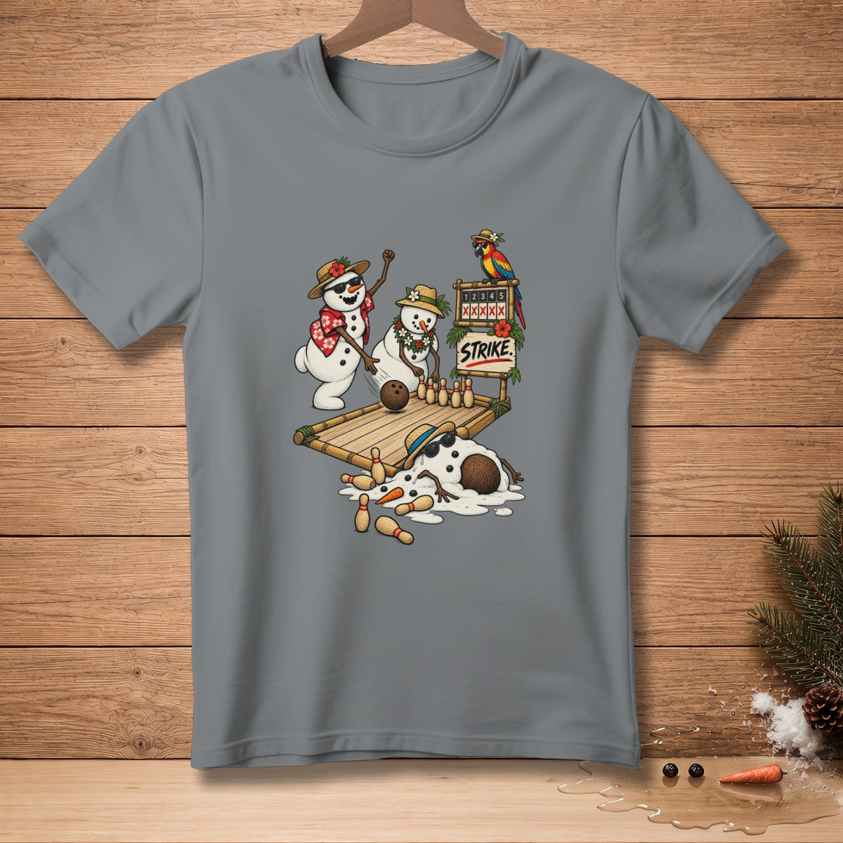 Two snowmen bowling, one celebrating a strike, with a melting snowman on the lane.
