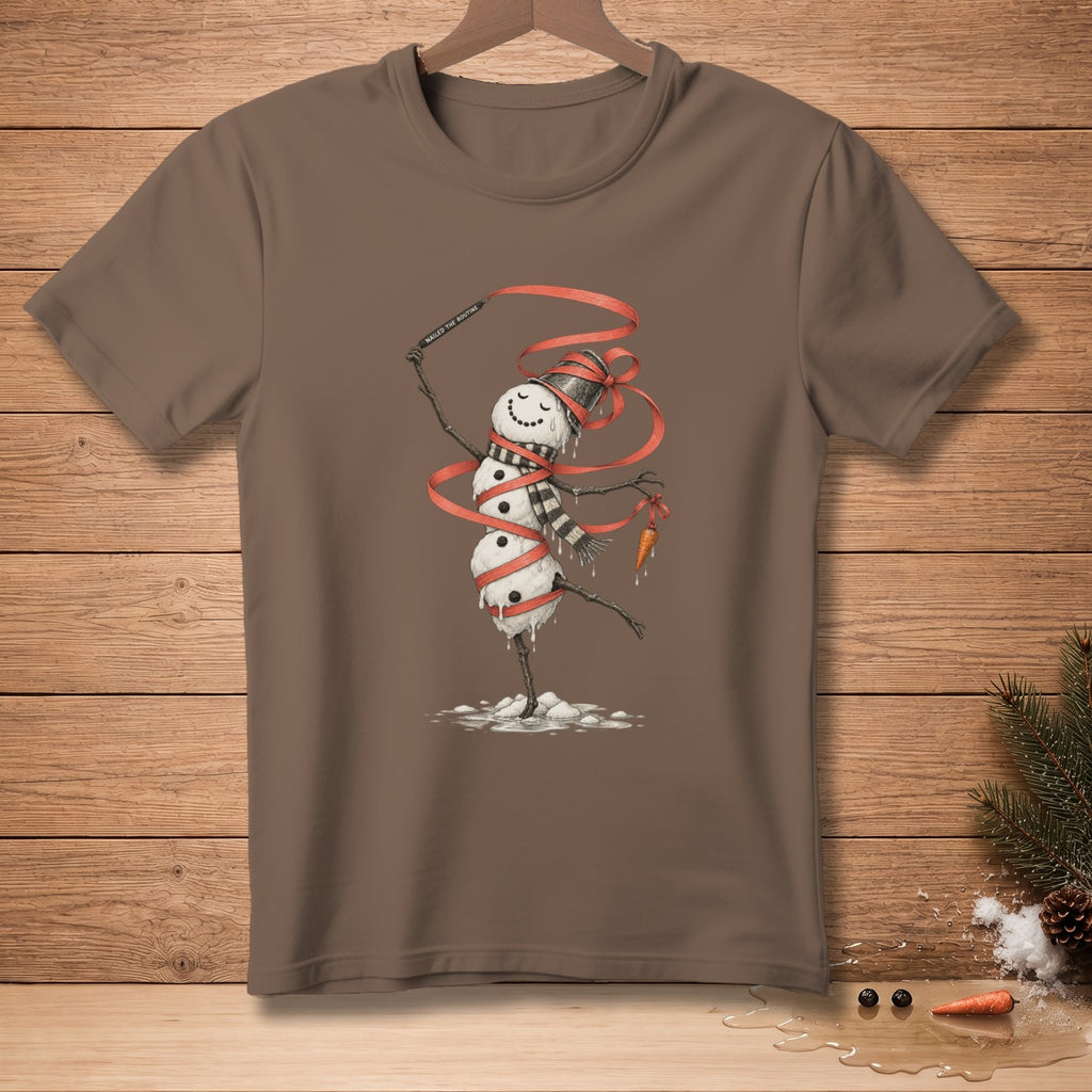 Snowman dancing with red ribbon and carrot, text "Nailed The Routine".