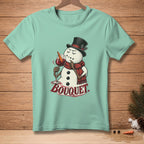T-shirt graphic with snowman holding wine glass and text "Bouquet".