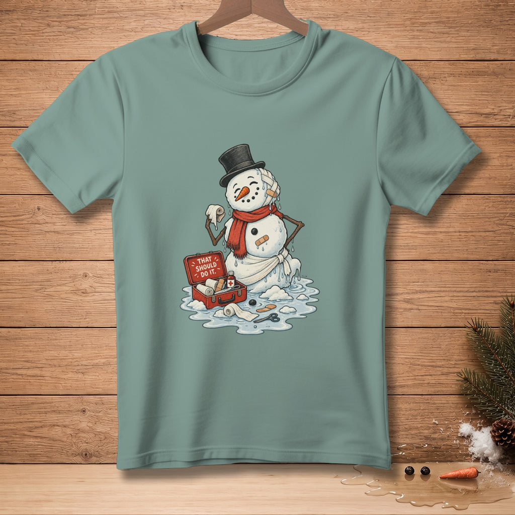 Melting snowman with first aid kit and bandages, "That Should Do It." text.