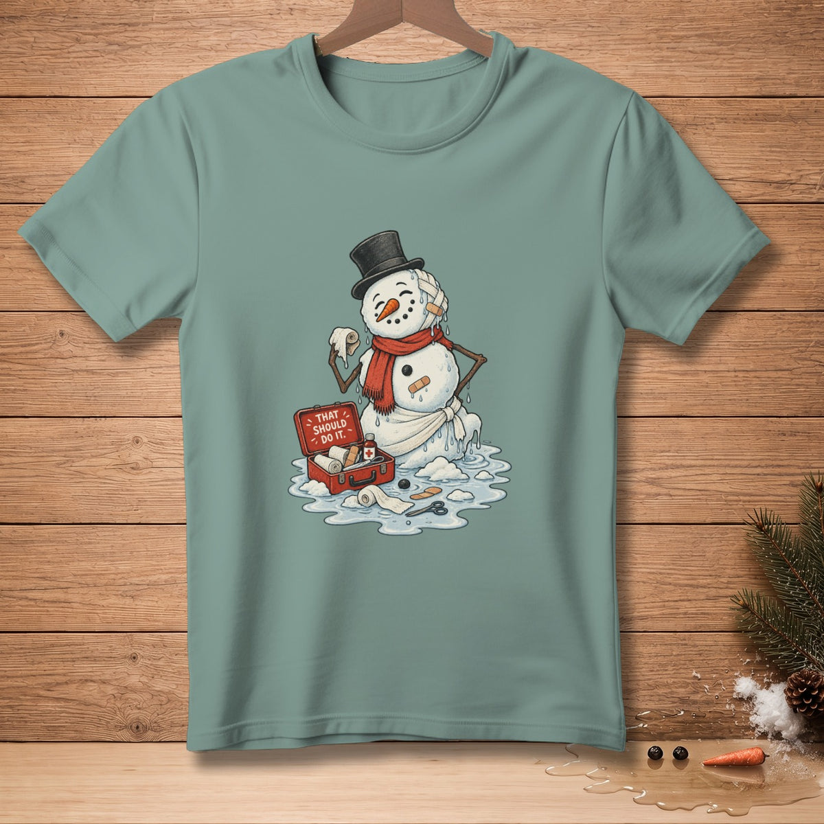 Melting snowman with first aid kit and bandages, "That Should Do It." text.