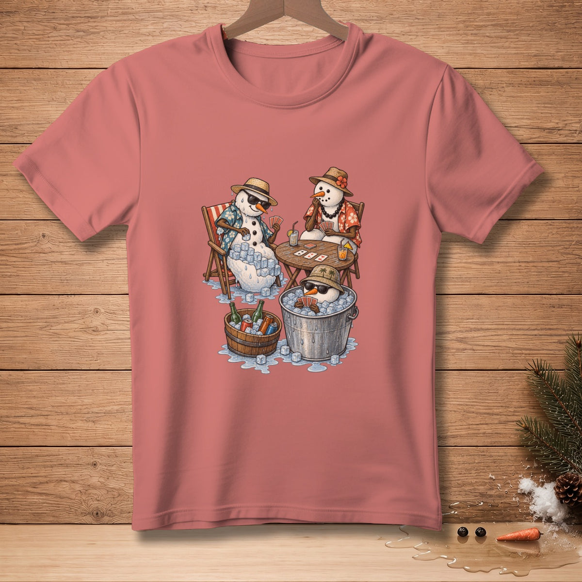 Snowmen playing cards with drinks in ice buckets on a beach.