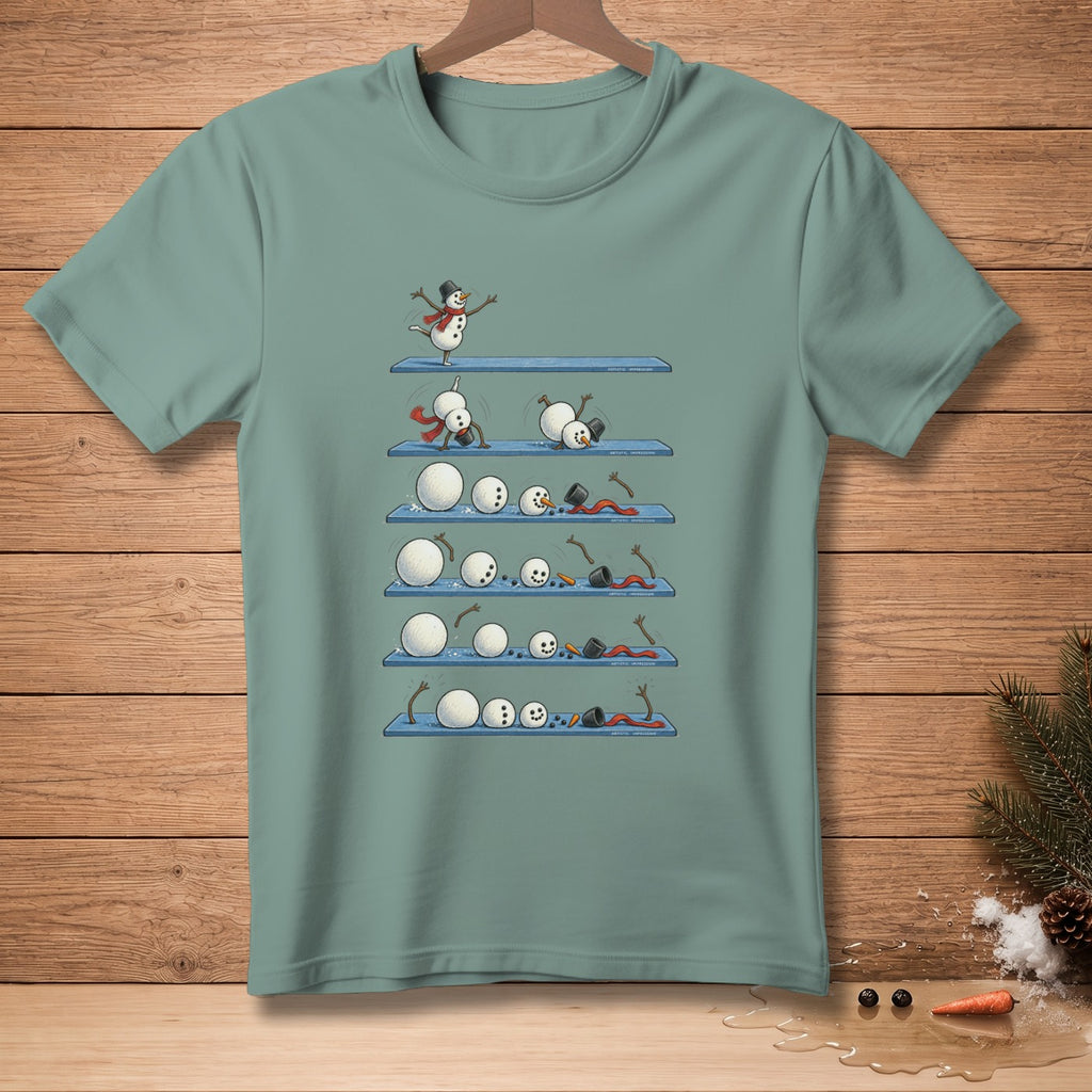 Humorous illustration of snowmen failing to build themselves on shelves, some falling over.