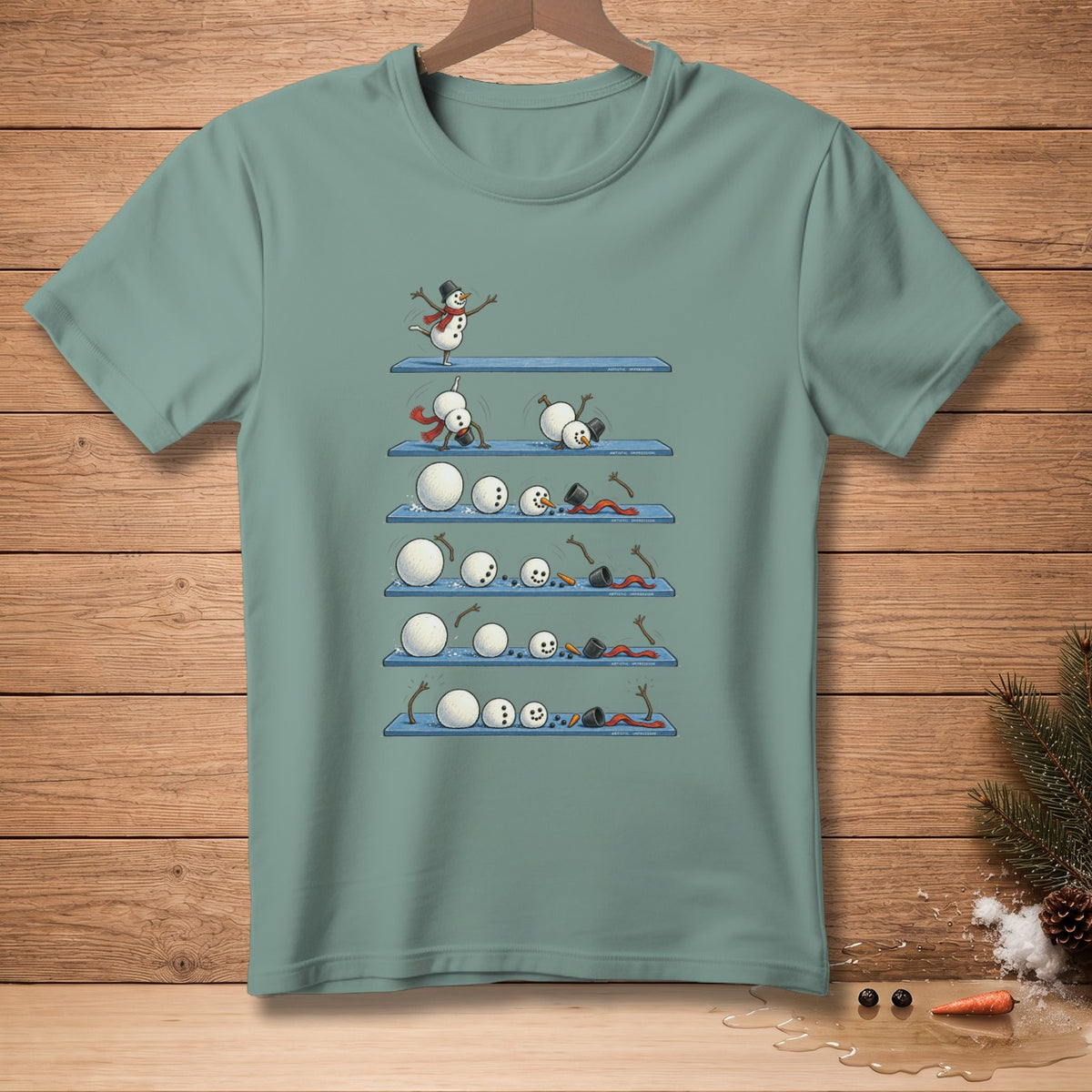 Humorous illustration of snowmen failing to build themselves on shelves, some falling over.