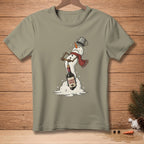 Snowman struggling to open wine bottle with text "ALMOST OPEN" on t-shirt.