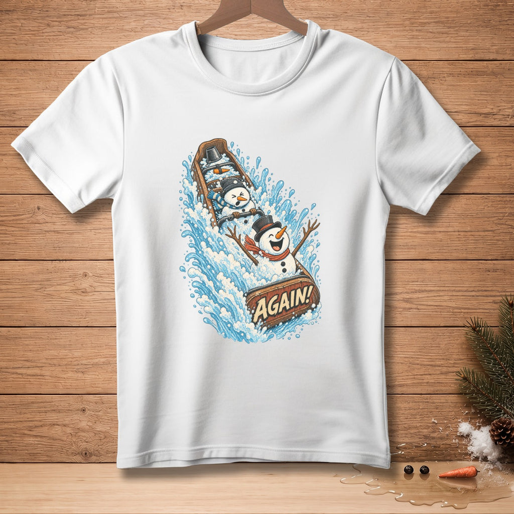 White t-shirt graphic of snowmen in a boat with "AGAIN!" text and splashing water.