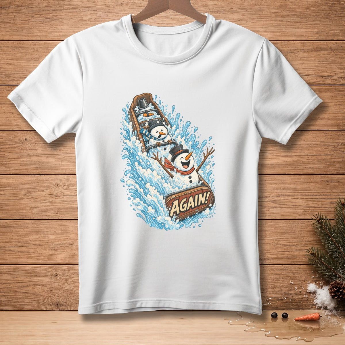 White t-shirt graphic of snowmen in a boat with "AGAIN!" text and splashing water.