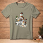 Three melting snowmen eat soup; one has a bowl reading "Who's Laughing Now?".