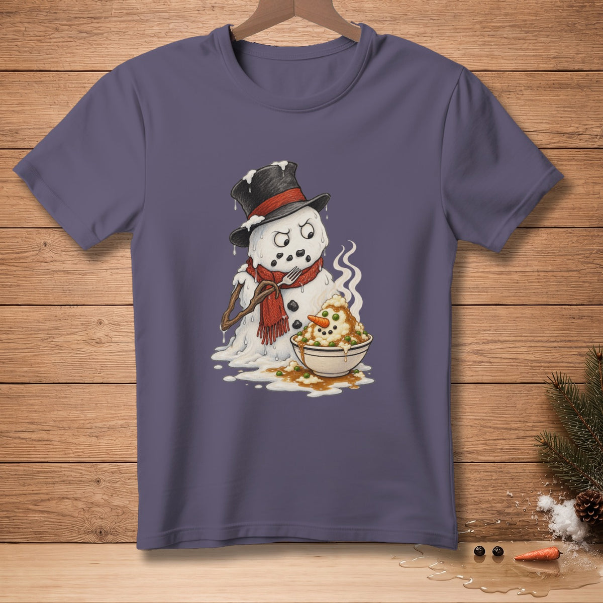 Melting snowman in top hat eating mashed potatoes and peas from a bowl.