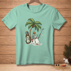 Snowman with golf bag and palm tree, "PLAY IT AS IT LIES" text.