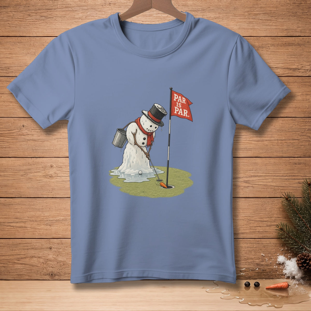 Snowman golfer in top hat melting, with a red flag reading "PAR IS PAR."