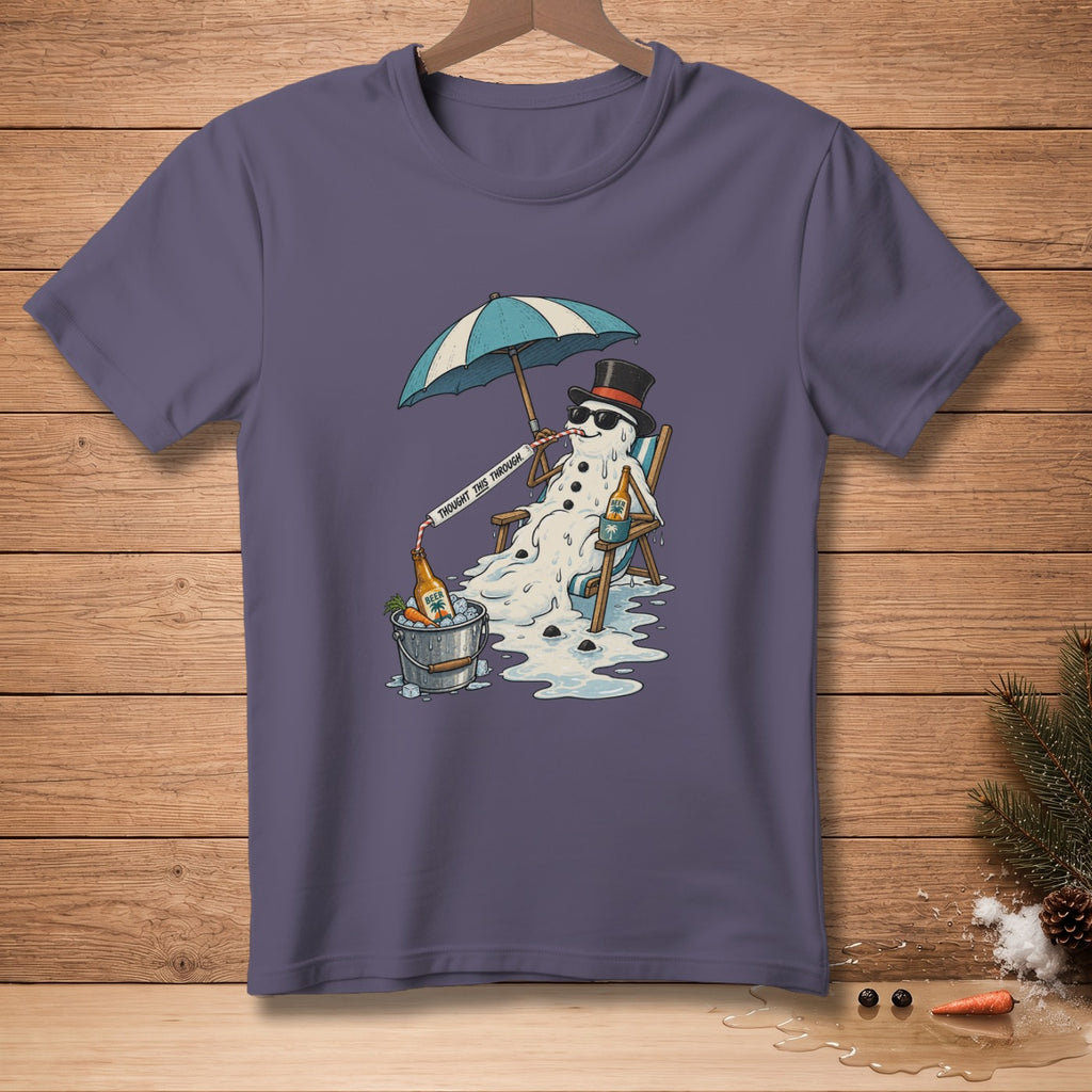 Melting snowman in a lounge chair under an umbrella with a drink and a banner that reads "THOUGHT THIS THROUGH".