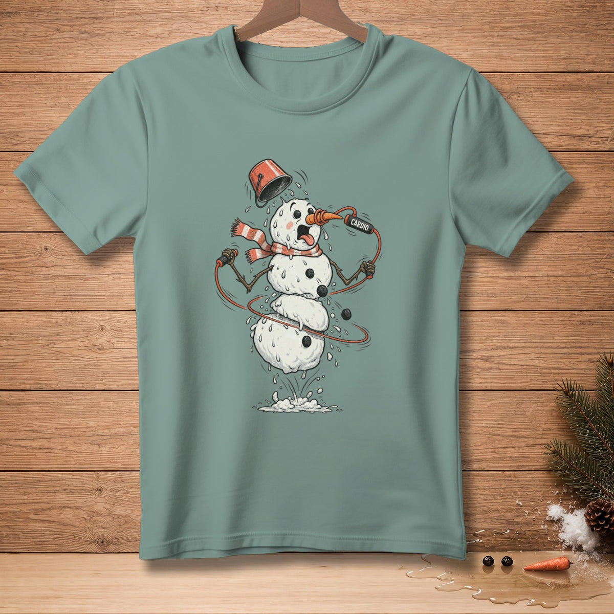 Snowman with a bucket on its head exercising with a jump rope labeled "CARDIO".