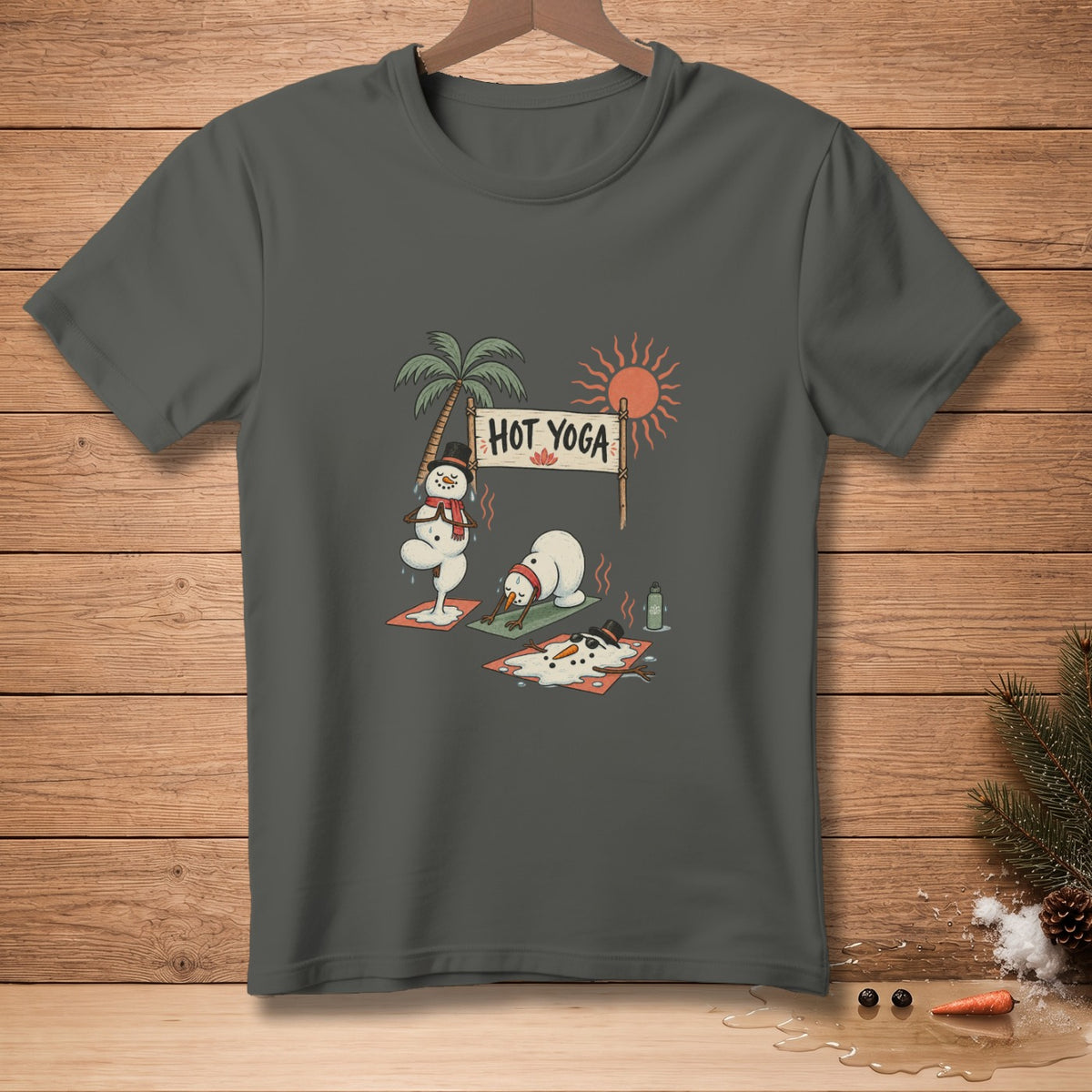 Snowmen doing yoga on mats under a "Hot Yoga" sign and hot sun.