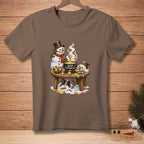 Snowmen dipping bread into fondue, one melting, with "DIP RESPONSIBLY" text.