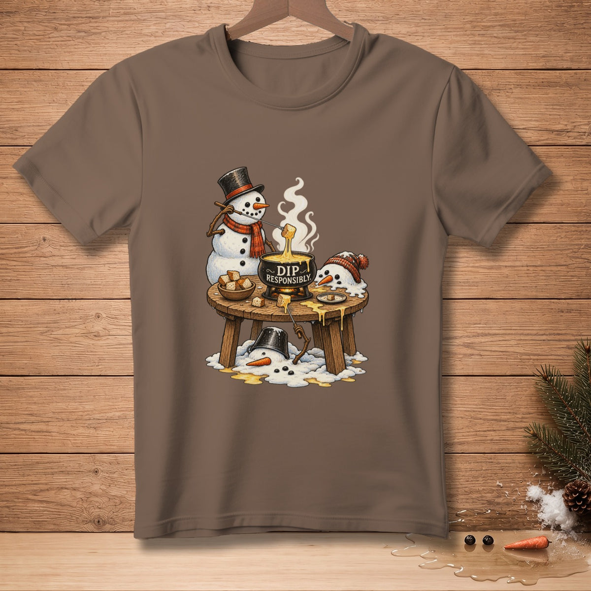 Snowmen dipping bread into fondue, one melting, with "DIP RESPONSIBLY" text.