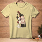 Yellow t-shirt graphic of a melting snowman holding wine with text "JUST A SPLASH."