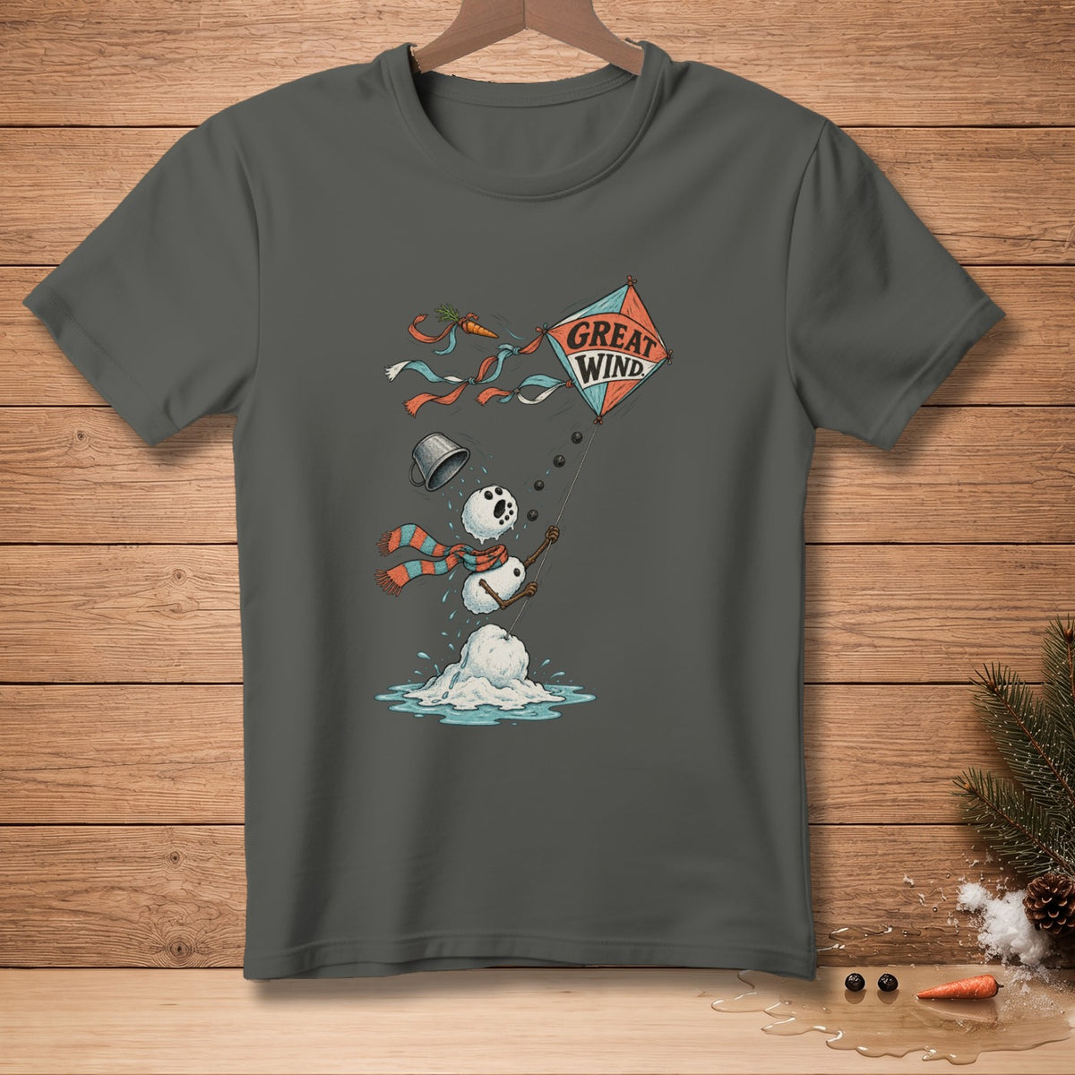 Snowman melting while flying a kite with "Great Wind" text.