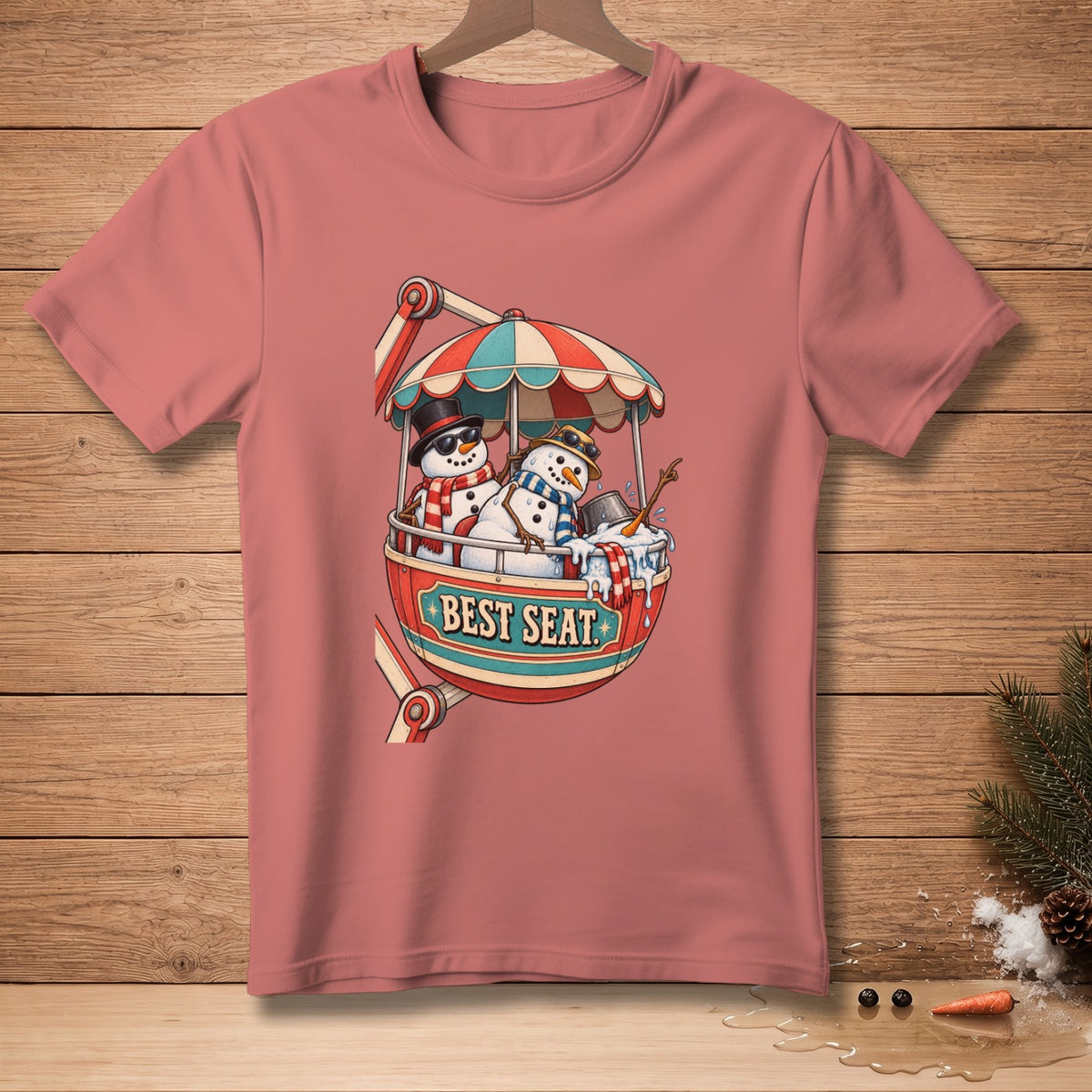 Two snowmen wearing scarves and hats ride in a gondola with the words "BEST SEAT" on it.