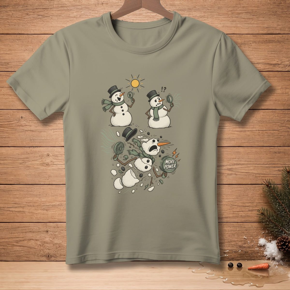 Illustration of snowmen melting under the sun with text "More Power".