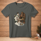 Bigfoot and snowmen playing poker on a table with a lantern and cards.