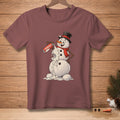 Snowman in top hat and scarf spraying whipped cream from a can labeled "SEAMLESS".